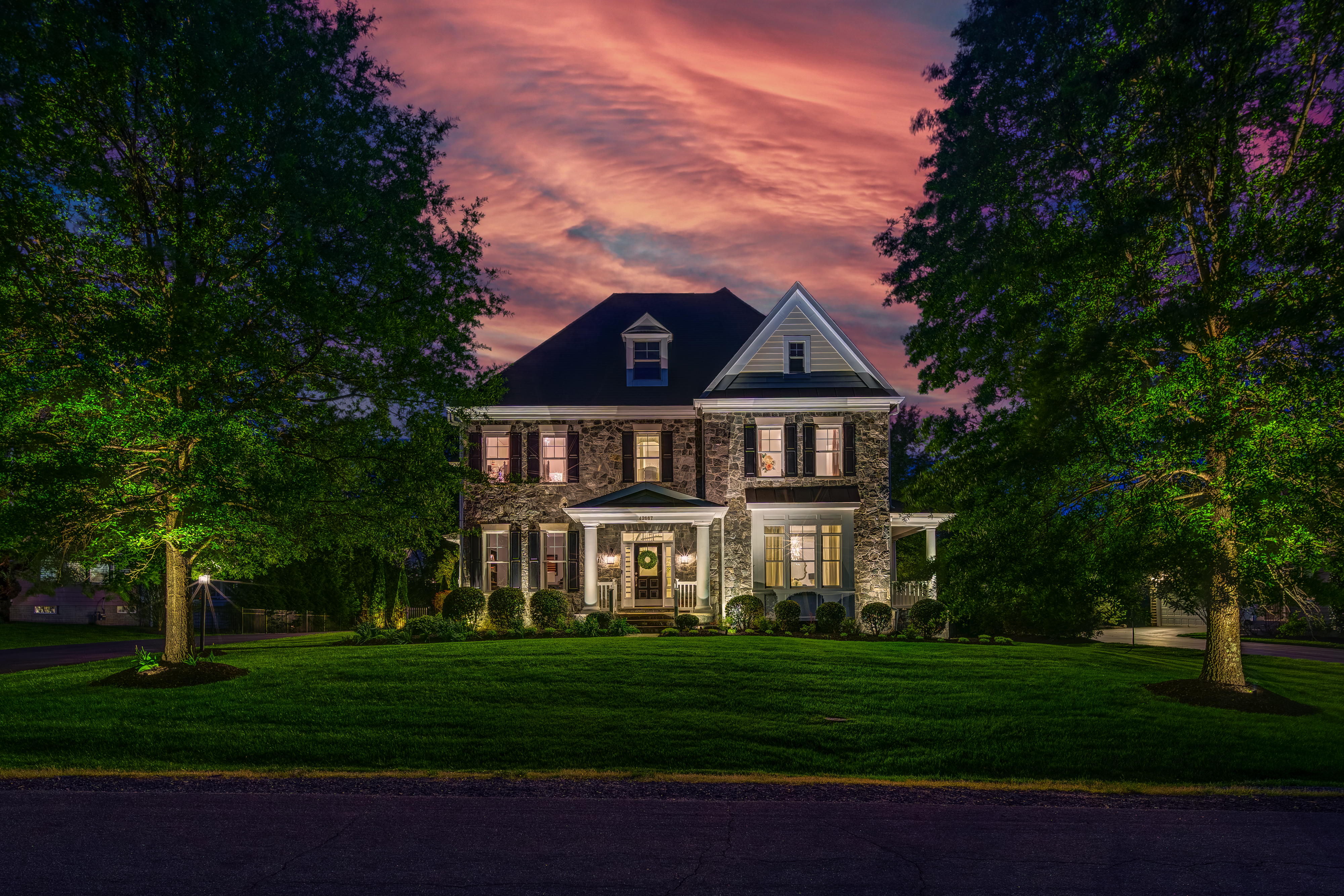 Stone colonial at twilight, Ashburn, Virginia